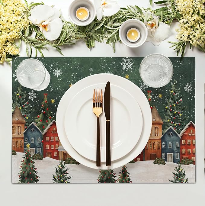 Christmas Placemats 12x18 Inch Set of 4, Winter Xmas Tree Wonderland Forest Village Town House Snowflake Linen Table Mats Washable Place Mats for Party Kitchen Dining Outdoor Indoor Decor-Ruum Studio Home