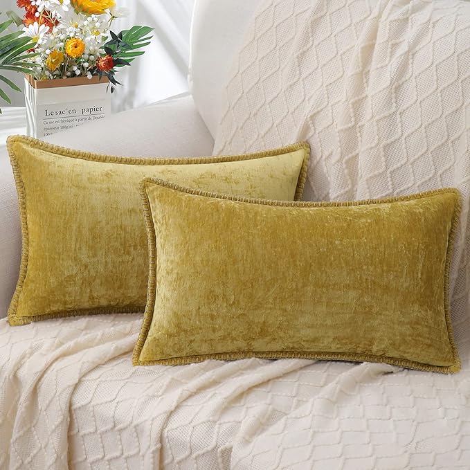decorUhome Chenille Soft Throw Pillow Covers 12x20 Set of 2, Lumbar Velvet Farmhouse Neutral Decorative Euro Pillow Covers with Stitched Edge for Couch Sofa Bed Home Decor, Mineral Yellow-Ruum Studio Home
