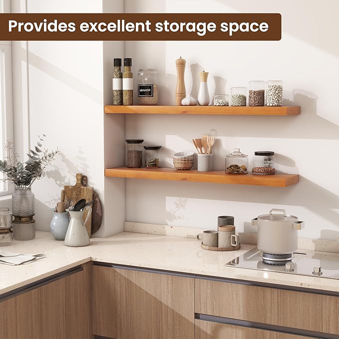 Light Brown Floating Wall Shelves 36 Inches Long x 8”x 1.4” Shelf Floating Rustic Farmhouse Decor, Heavy Duty Shelf Hold 80 lbs, Wall Shelves for Bathroom Living Room Kitchen Bedroom Office-Ruum Studio Home