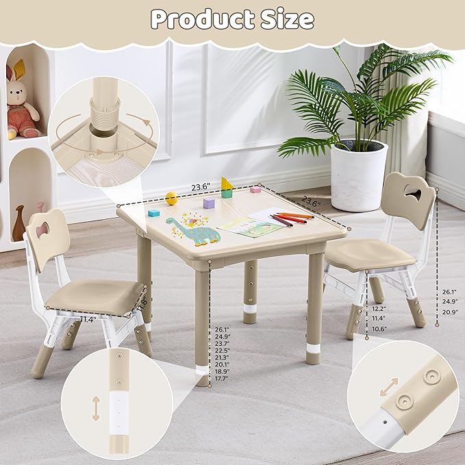 Kids Table and 2 Chairs Set, Height Adjustable (17.7"-26.1") Toddler Table and Chair Set, Multi-Activity Table with Graffiti Desktop, Children’s Table and Chairs for Classroom, Home & Daycare-Ruum Studio Home