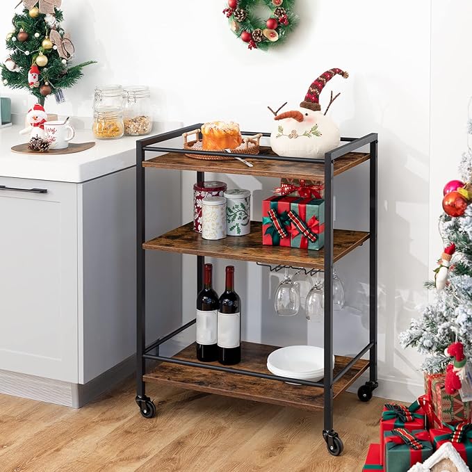 HOOBRO Bar Cart for The Home, Serving Cart with Wine Glass Hooks, Rolling Kitchen Cart with Lockable Wheels, 25.2 x 15.7 x 33.3 Inches Beverage Cart with Storage Shelves, Rustic Brown BF02TC01-Ruum Studio Home