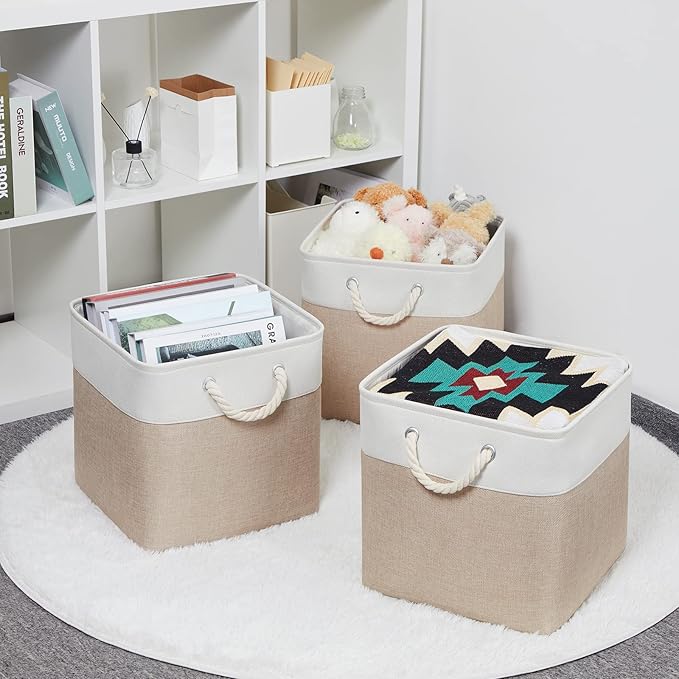 Bidtakay Fabric Storage Baskets for Organizing Beige 13 Inch Collapsible Square Baskets 3 Pack Organization Bins Large Cube Storage Bins Closet Baskets for Shelves Clothes-Ruum Studio Home
