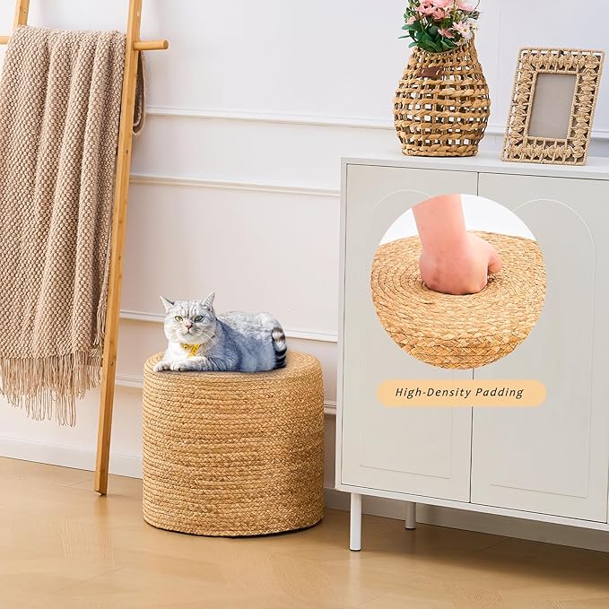 Handwoven Ottoman Pouf, Natural Water Hyacinth Footstool, Round Braided Outdoor Seat with Sturdy Frame, Boho Accent Stool for Patio, Balcony, or Garden (Natural)-Ruum Studio Home