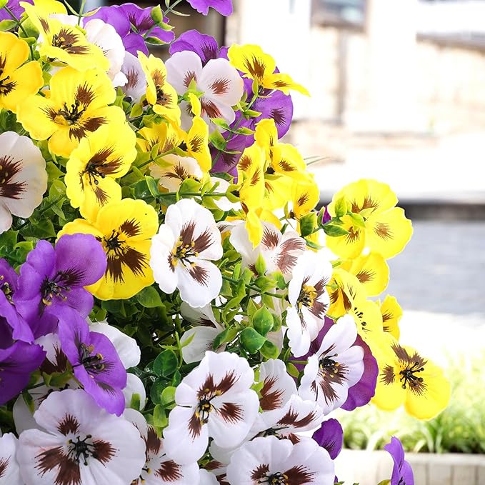18 Bundles Artificial Fake Pansy Flowers for Outdoor, Faux UV Resistant Silk Pansies Flowers for Outside Planter Front Door Porch Yard Patio Window Box Home Decor (18, Purple, Yellow, White)-Ruum Studio Home