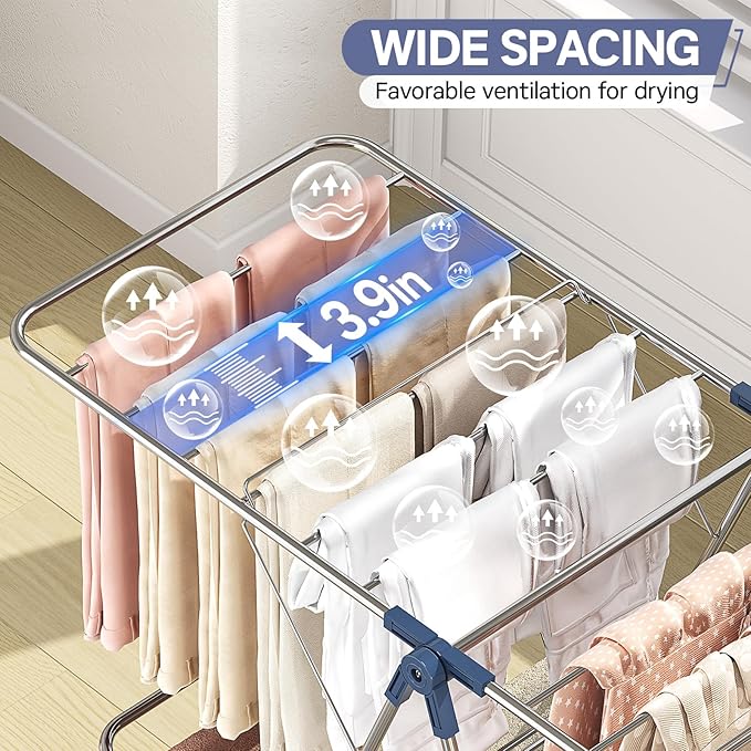 APEXCHASER Clothes Drying Rack with 4 Wings, Drying Rack Clothing with Height-Adjustable, Foldable Gullwings Laundry Drying Rack, Indoor Outdoor Use, No Assembly, Blue-Ruum Studio Home