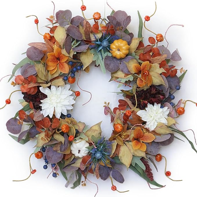 Fall Wreaths for Front Door Outside 24 Inch Autumn Wreath with Pumpkins, Silk Leaves & Purple Flowers Autumn Wreaths for Front Door, Halloween Wreath Decoration, Thanksgiving Decor-Ruum Studio Home