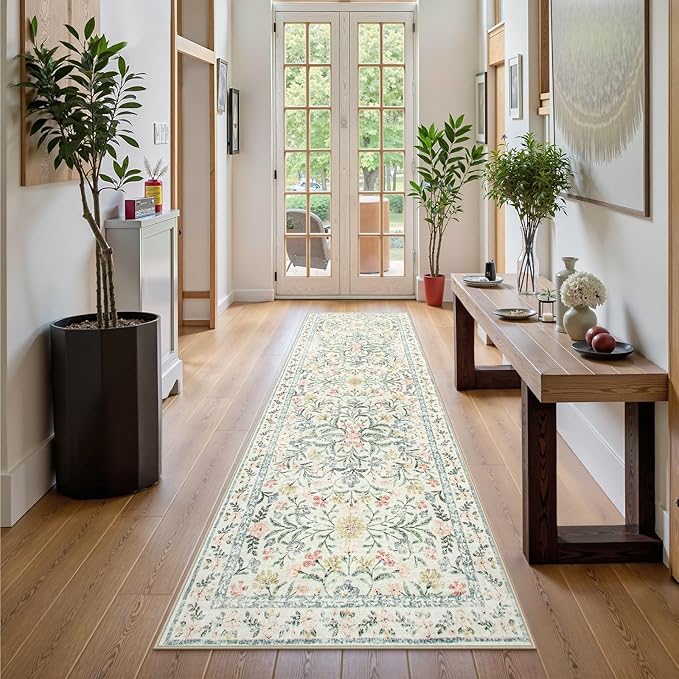 Wonnitar Washable Rug Runner 2'6''x8', Boho Floral Hallway Runner Rug 8ft Long Carpet for Bedroom, Soft Non Slip Ultra-Thin Beige Carpets for Bathroom Kitchen Bedside-Ruum Studio Home