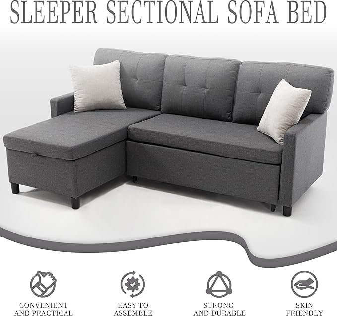 Pull Out Couch, Oversized Sleeper Sofa Couch, Sectional Sleeper Sofa Bed for Living Room Bedroom Lounge (Grey, 73 Inch)-Ruum Studio Home