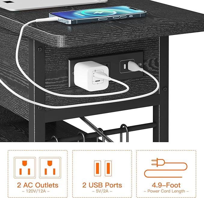 End Table with Charging Station, Flip Top Nightstand with USB Ports and Outlets,Couch Side Table with Fabric Bag and Hooks, Bedside Table for Space Saving, Living Room, Bedroom (Black)-Ruum Studio Home