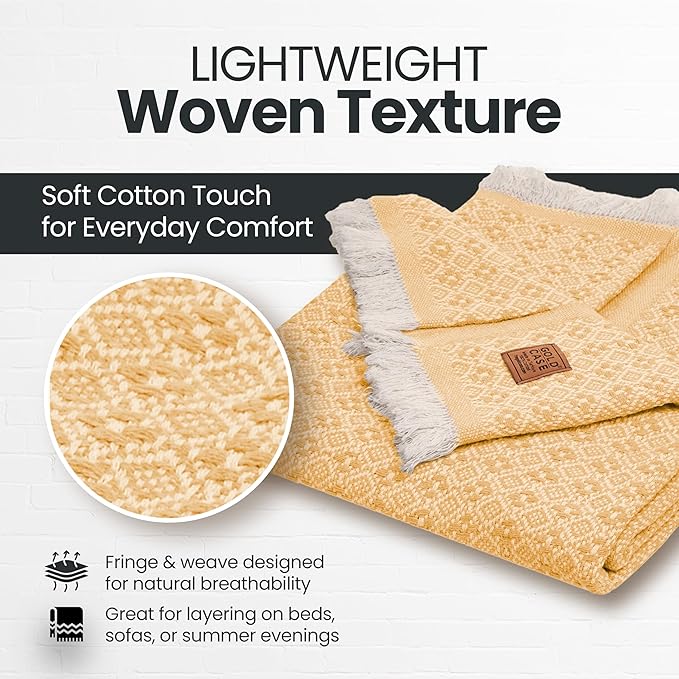 Gold Case Throw Blanket for Couch – 100% Recycled Turkish Cotton Blankets & Throws – Elegant Decorative Throw Blankets for Living Room Sofa – Woven Throws for Couch – Retro Mustard – 50x60-Ruum Studio Home