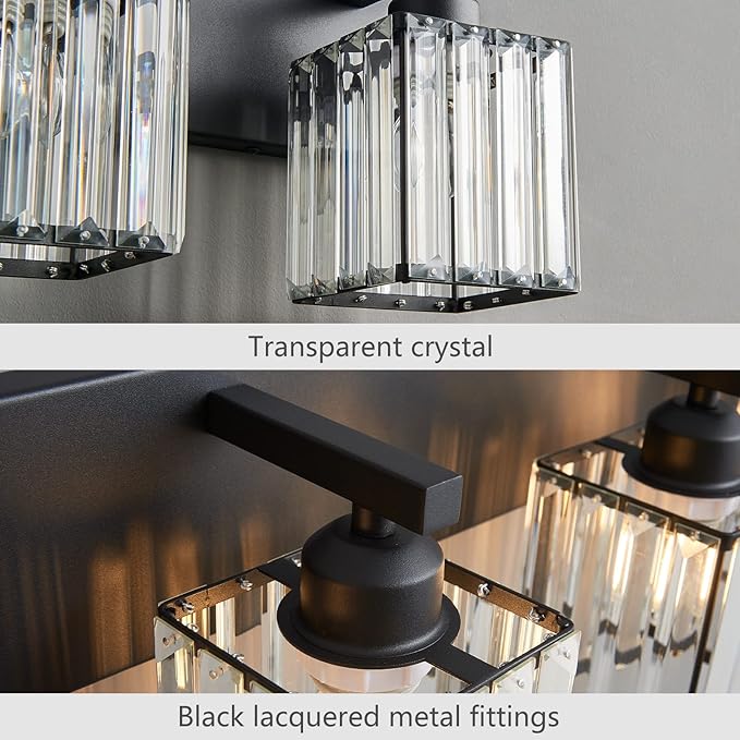 Modern Bathroom Vanity Light 3-Lights Modern Black Crystal Wall Light Bathroom Vanity Light Fixtures-Ruum Studio Home