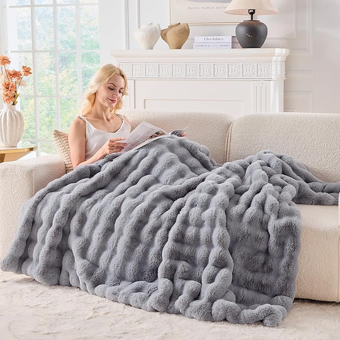 BENVWE Fluffy Faux Fur Throw Blanket for Couch, Soft Plush Thick Cozy Fuzzy Luxury Minky Bubble Blanket for Home Living Room Decor Gift for Women, Light Grey, 51" x 63", 1100GSM-Ruum Studio Home