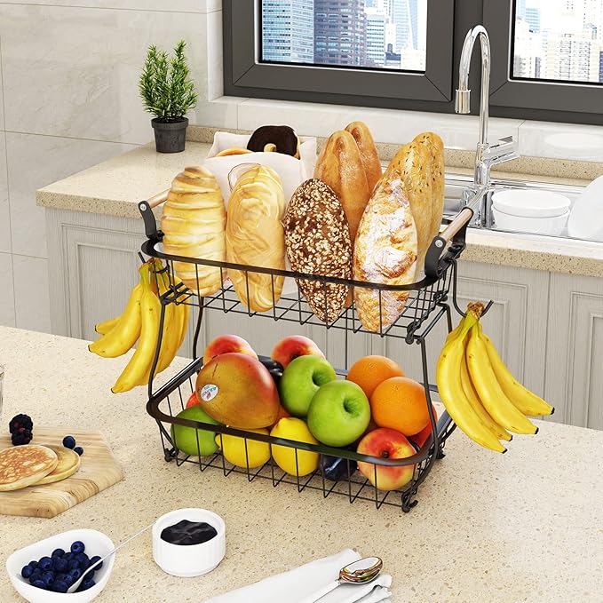 ANTOPY 2 Tier Fruit Basket with 2 Banana Hangers, Countertop Fruit Vegetable Basket Bowl for Kitchen Counter Metal Wire Fruits Storage Stand Holder Organizer for Bread Snack Veggies Produce-Ruum Studio Home