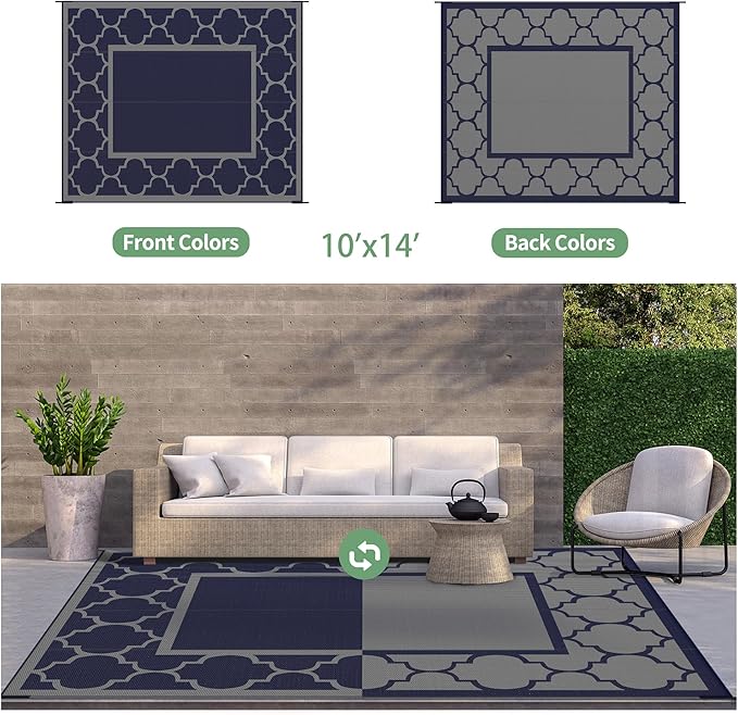 GENIMO 10 ' x 14 ' Outdoor Rug Waterproof for Patio Decor, Foldable Reversible Plastic Straw Area Rugs Mat for Camper, Outside Carpet for Rv, Deck, Porch, Picnic, Beach, Balcony, Blue & Grey-Ruum Studio Home