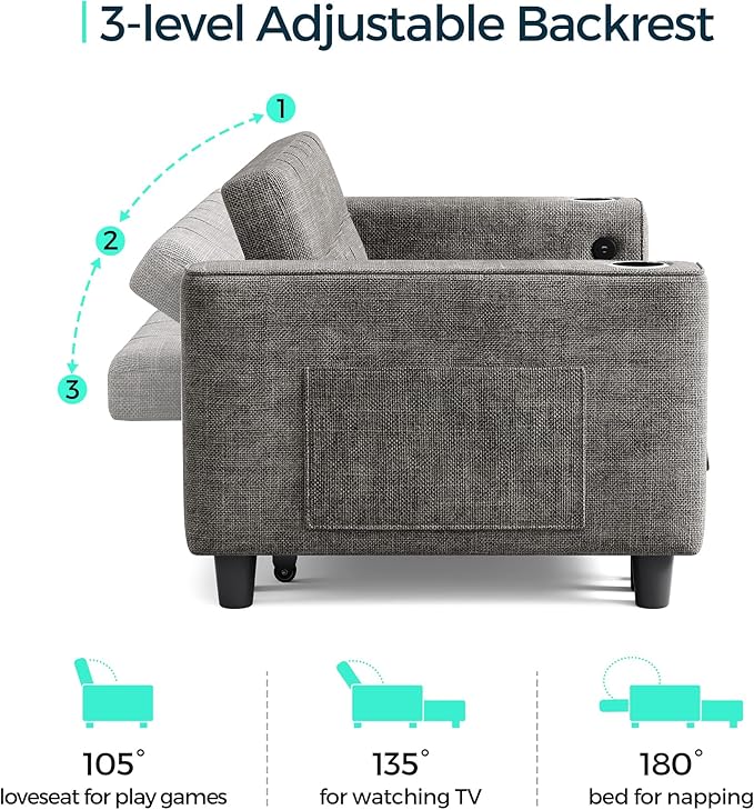 LINSY 3-in-1 Convertible Sofa Bed, 54" Pull Out Sleeper Sofa with Charging Station & Cup Holder, Small Folding Loveseat with Side Pocket for Small Space, Corduroy Couch, Gray-Ruum Studio Home