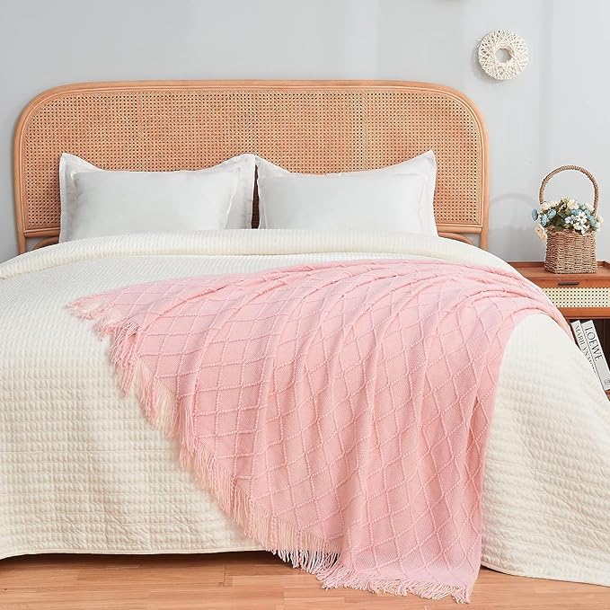 inhand Knitted Gift Throw Blankets for Couch and Bed,Valentines Day Decor Blanket for Her Him Girlfriend Wife, Pink Romatic Lightweight Decorative with Tassel, Farmhouse Warm Woven for Women, 50"x60"-Ruum Studio Home