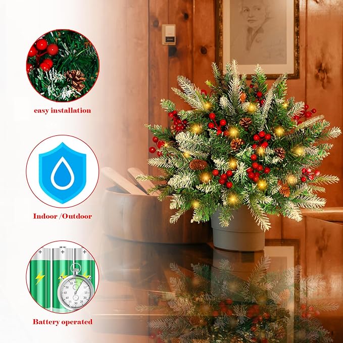 2 Pack Lighted Artificial Christmas Urn Filler, Battery Operated Pre-lit Xmas Pine Trees, Tripod Stake and 60 LED Lights, Holiday Porch Decorations for Porch, Yard, Garden, Flower Beds（Warm White）-Ruum Studio Home