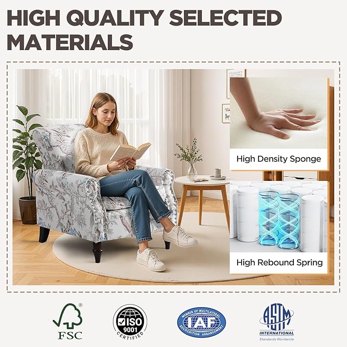 Wingback Accent Chair with Removable Pillow, High Back Floral Armchair with Solid Wood Legs & Nailhead Trim, Comfy Upholstered Reading Single Sofa Chair for Bedroom (2, Bird Floral Pattern)-Ruum Studio Home