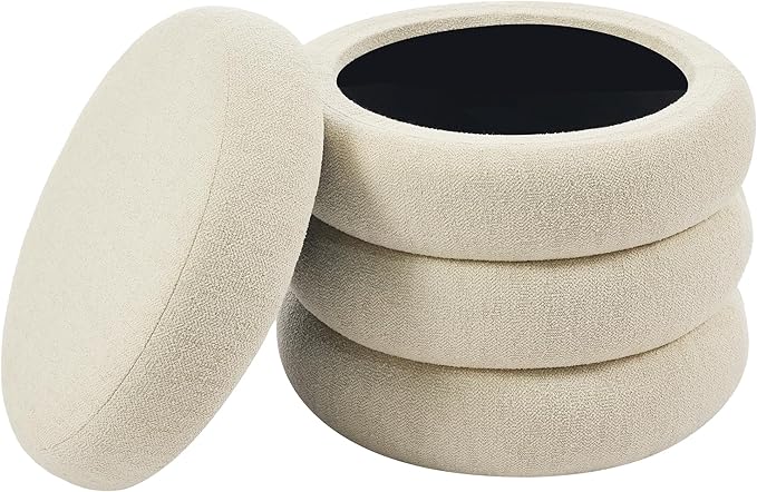 ONEVOG Round Storage Ottoman, 20" Small Ottomans Table with Removable Lid, Linen Fabric Soft Footrest Stools for Couch, Upholstered Stuffed Circle Seat for Living Room/Bedroom/Dorm/Vanity, Beige-Ruum Studio Home