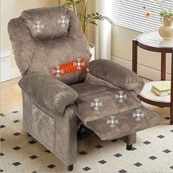 KCREAM Massage Recliner Chair with Heat,Overstuffed Fabric Recliner Chairs with Heating,Small Recliner for Living Room Bedroom, Manual Reclining Single Sofa Recliners Lounge Chair for Adult,Brown-Ruum Studio Home