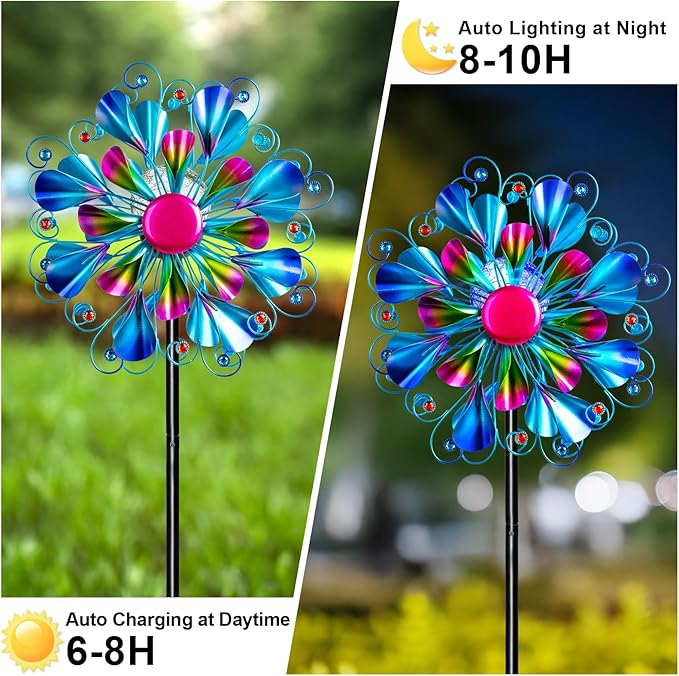 60'' Wind Spinner with Color Glass Ball Solar Lights, Blue Peacock Feathers Metal Garden Outdoor Decor Yard Lawn Art Decor for Patio Kinetic Windmills Unique Gifts for Friends and Family-Ruum Studio Home