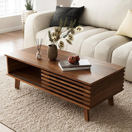 Mid Century Coffee Table with Storage & Sliding Fence Door, Modern Coffee Tables for Living Room, Walnut Finish-Ruum Studio Home