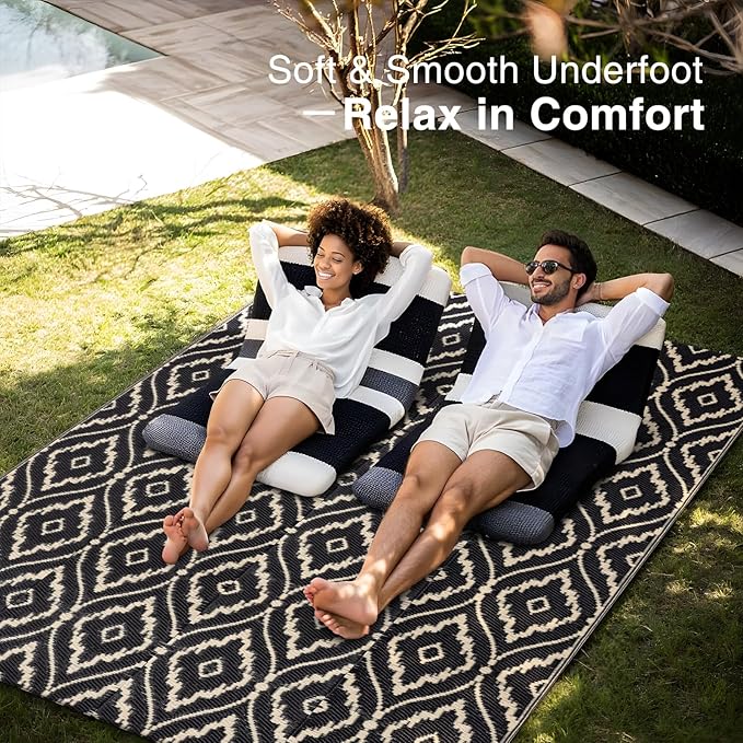 OLANLY Outdoor Rug 5x8 ft Waterproof, Outdoor Plastic Straw Rug with Geometric Pattern Clearance, Reversible RV Mat for Patio, Camping, Balcony, Deck, Backyard, Black & Beige-Ruum Studio Home