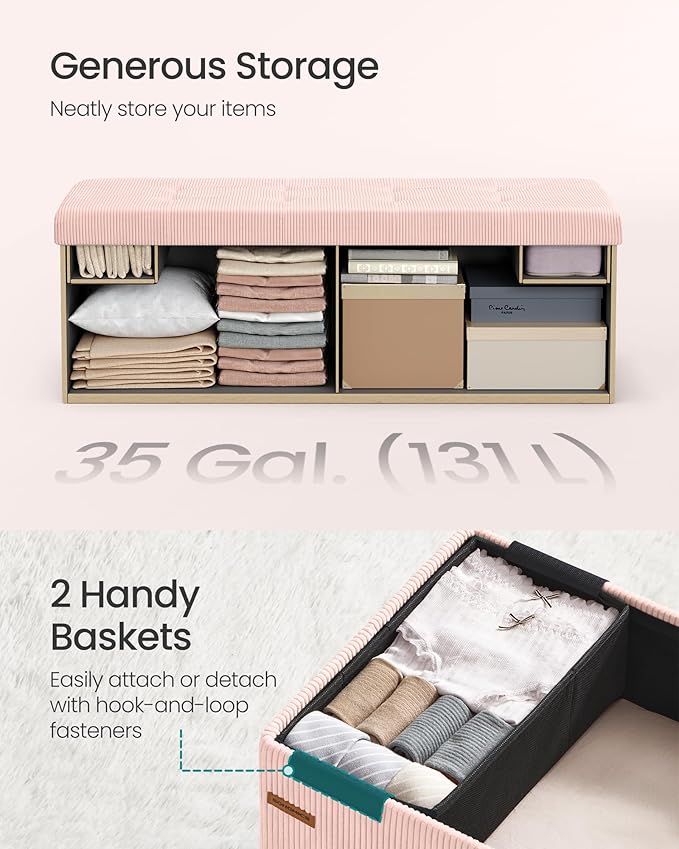 SONGMICS MAZIE Collection - Storage Ottoman Bench, Foldable Foot Rest, 15 x 43 x 15 Inches, End of Bed Bench, Storage Chest, Load 660 lb, Living Room, Bedroom, Entryway, Jelly Pink ULSF604R01-Ruum Studio Home