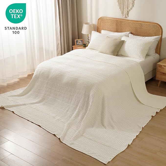 PHF 100% Cotton Waffle Blanket Oversized King 120"x120", Lightweight Breathable Extra Large 10'x10' Summer Blankets for Bed, Giant Big Luxury Aesthetic Woven Bedding for Home Decor, Ivory-Ruum Studio Home