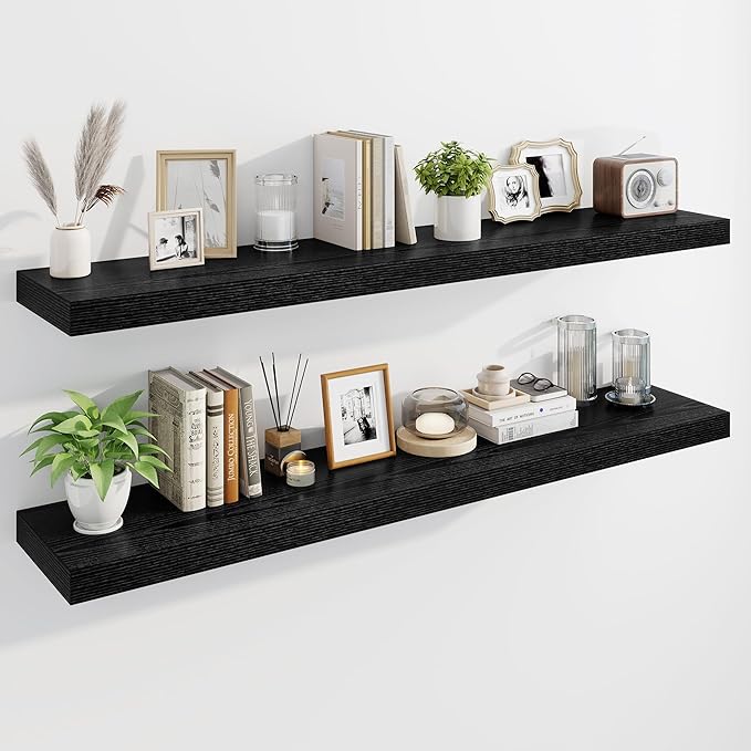 Marsmiles 55" Floating Shelves for Wall, Wooden Shelves with Invisible Brackets Set of 2, Rustic Farmhouse Wall Mounted Shelf for Kitchen Bathroom Living Room Study, Black-Ruum Studio Home