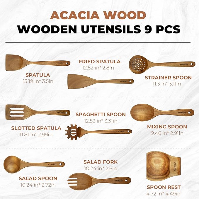 Acacia Wood Kitchen Utensil Set 9PC-Natural Wooden Cooking Tools for Nonstick Pans&Stir Frying,Scratch-Proof&Heat Resistant,Sturdy&Lightweight with Spoon Rest (Kitchen Utensil Set 9PC)-Ruum Studio Home
