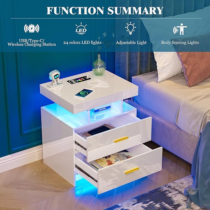 Night Stand with Light, High Gloss Nightstand with USB/Wireless Charging Station, LED White Nightstands with Storage Drawers, RGB Side End Table for Bedroom Furniture（White-Ruum Studio Home