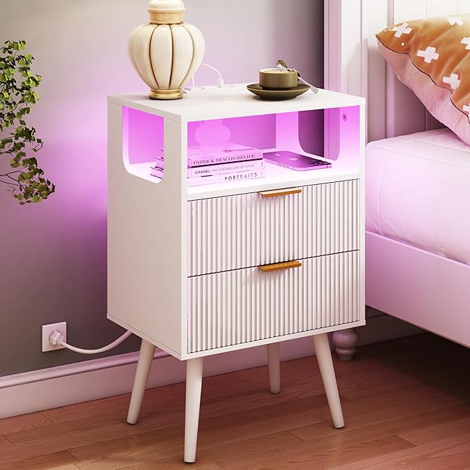 White Nightstand with Charging Station and LED Lights,Modern Bedside Table with 2 Storage Drawer and Open Wood Shelf, for Bedroom and Small Spaces,Night Stand with Solid Wood Legs,White-Ruum Studio Home
