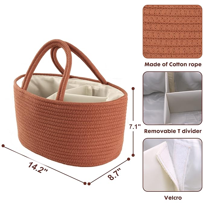 Baby Diaper Caddy Organizer for Girl Boy Cotton Rope Nursery Storage Bin Basket Portable Holder Tote Bag for Changing Table Car Travel Baby Shower Gifts Newborn Essentials Registry Must Have Rust-Ruum Studio Home