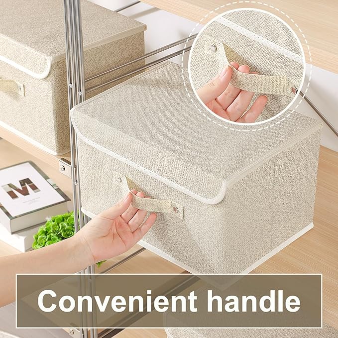 Storage Boxes, Collapsible Storage Bins with Lids, Cotton and linen cloth Storage Baskets with Handle, for Books, Closet, Bedroom, Home, 13x9.1x7.9 in, Grey and Beige-Ruum Studio Home