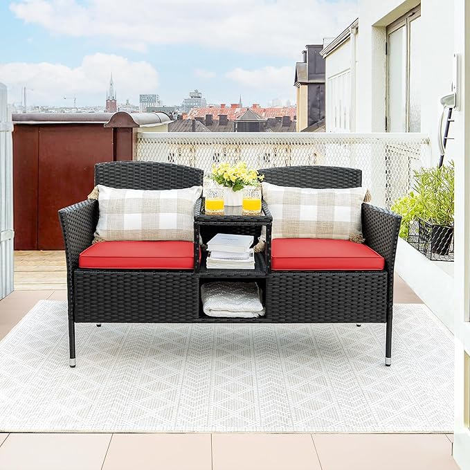 Flamaker Outdoor Furniture Patio Loveseat Wicker 2-Seat with Built-in Table and Cushions Rattan Porch Chairs Bench for Balcony, Lawn, Backyard (Red)-Ruum Studio Home