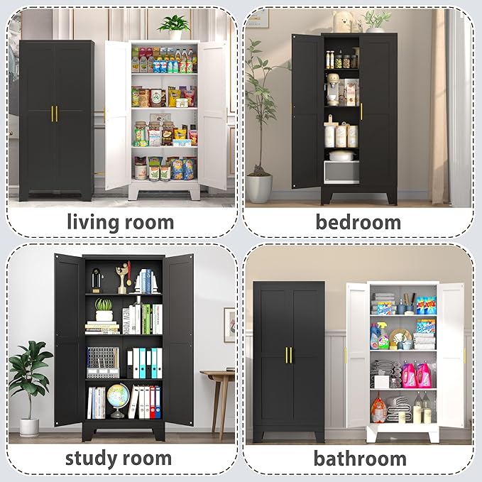 61.02" Kitchen Pantry Cabinet, Pantry Storage Cabinet with 2 Doors and Adjustable Shelves, Black Food Storage for Kitchen, Living Room, Bedroom and Dining Room (Black) Metal Sideboard-Ruum Studio Home