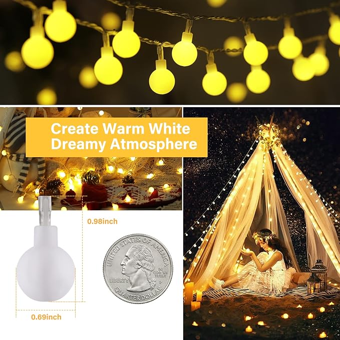 Minetom Mini Globe String Lights, 66 Ft. 200 LED Fairy String Lights Plug in, 8 Modes with Remote, Decor for Indoor Outdoor Party Wedding Christmas Tree Garden, Warm White-Ruum Studio Home