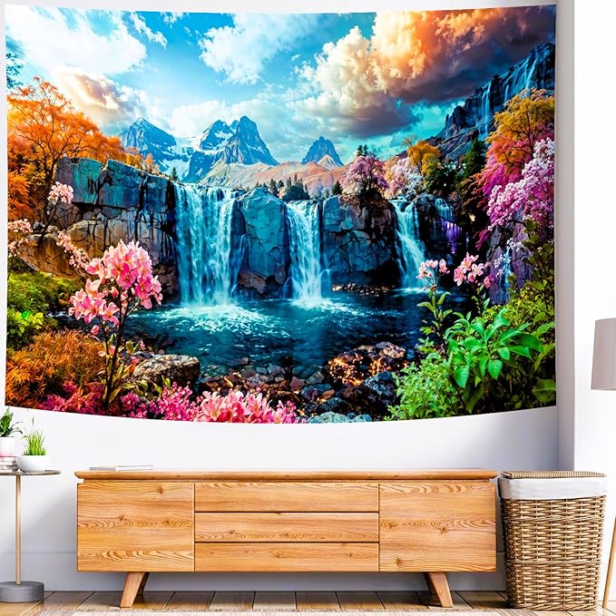 Delur Waterfall Tapestry Tropical Forest Mountain Sunset Tree Wall Hanging Tapestry Scenic Rainforest Landscape Nature Sunrise Headboard for Bedroom Living Room Home Decor (70.8" x 92.5")-Ruum Studio Home