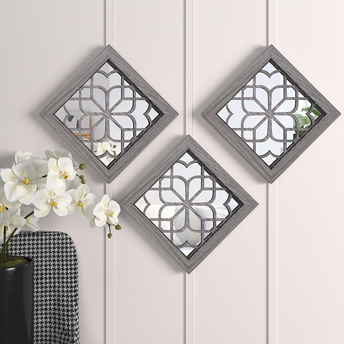 4pcs Farmhouse Wall Mirror with Carved Floral Design -Rustic Mirror Decor for Home, 12x12 inch(Brown)-Ruum Studio Home