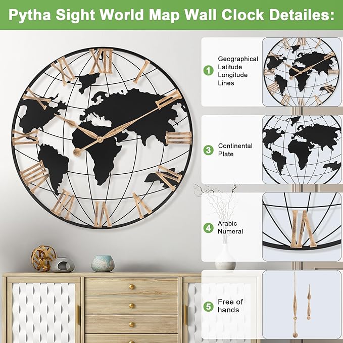 30 Inch Extra Giant Large Wall Clock Oversized,Black Big Metal Modern Decorative Silent World Map Wall Clock with Vintage Gold Roman Numeral for Office,Living Room,Kitchen,Dining Room Decor-Ruum Studio Home