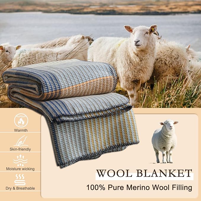 YOUR MOON Pure Merino Wool Queen Size Bed Blanket, 100% Australian Natural Wool, Washable, Hypoallergenic - Non-Itchy (Brownish Blue, 90 * 90)-Ruum Studio Home