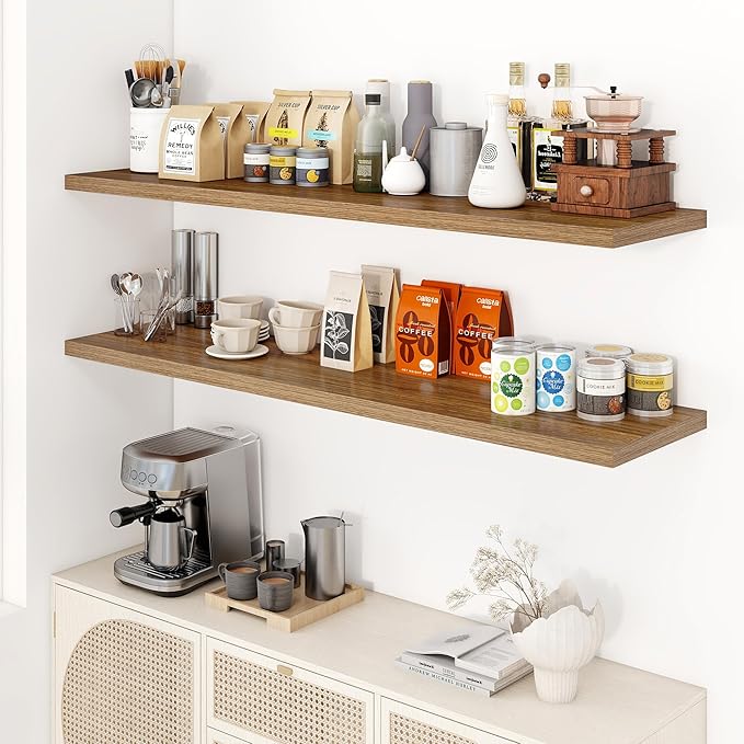 55" Floating Shelves for Wall, 12" Deep Slim Walnut Floating Shelves, Wall-Mounted Shelves for Bedroom, Living Room, Kitchen, Bathroom - Set of 2-Ruum Studio Home