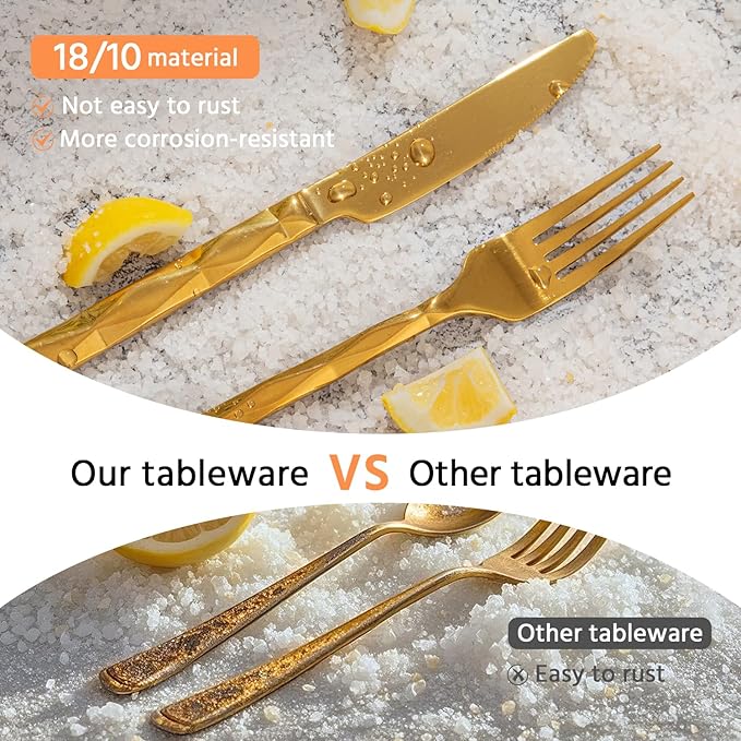 KINGSTONE Gold Silverware Set, Luxury 40 Piece Flatware Set for 8, 18/10 Stainless Steel Cutlery Set with Diamond Cut Pattern for Kitchen, Home, Wedding, Party, Mirror Polished and Dishwasher Safe-Ruum Studio Home