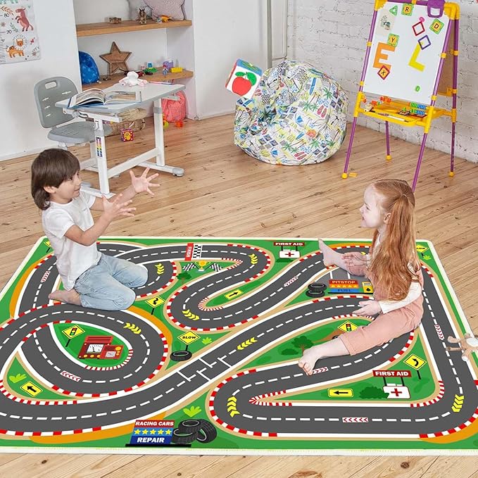 Kids Rug Play mat Playroom Rugs Car Rugs for Kids Toy Cars Race Track for Classroom Rug (Race-Green, 5.2x7.9ft)-Ruum Studio Home