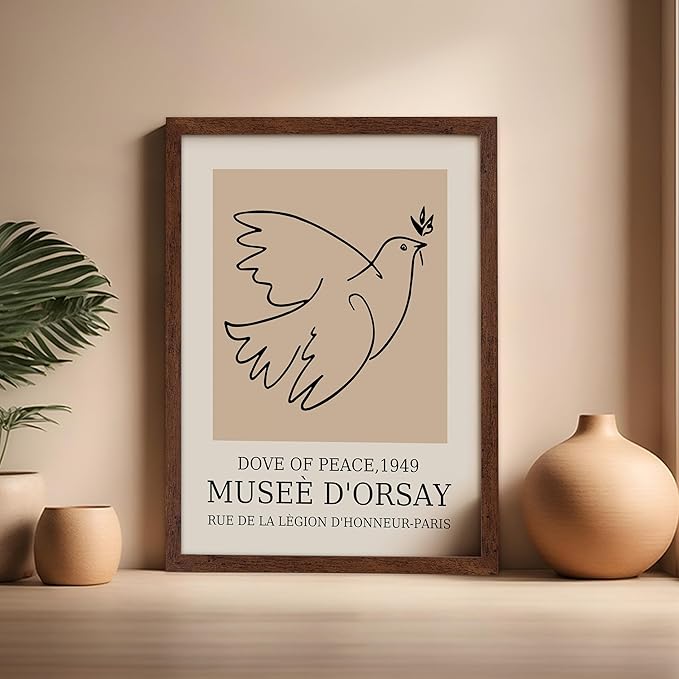 Poster Master Vintage Poster - Retro Minimalist Print - Gift for Artist, Friend - Dove Of Peace, Line Drawing, Sketch, Abstract - Wall Decor for Living Room, Bedroom, 16x20 Brown Framed-Ruum Studio Home