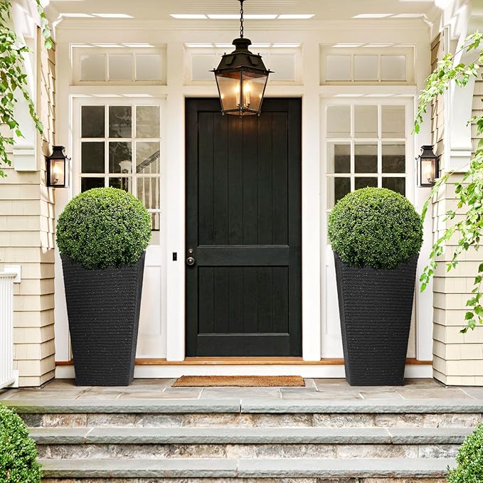Tall Black Planter Set of 2 for Outdoor Indoor Plants,21.3in Large Tapered Plant Pots with Drainage Trays Holes,Resin Extra-Thick Flower Pots for Outdoor Patio Front Porch Backyard Decor-Ruum Studio Home