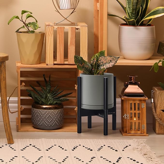 D'vine Dev Ceramic Planter with Ebony Stand - 8 Inch Modern Round Flower Pot with Wood Planter Holder, Grey, 55-B-M-3-Ruum Studio Home