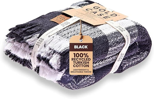 Gold Case Throw Blanket for Couch – 100% Recycled Turkish Cotton Blankets & Throws – Elegant Decorative Throw Blankets for Living Room Sofa – Woven Throws for Couch – Black – 60x80-Ruum Studio Home