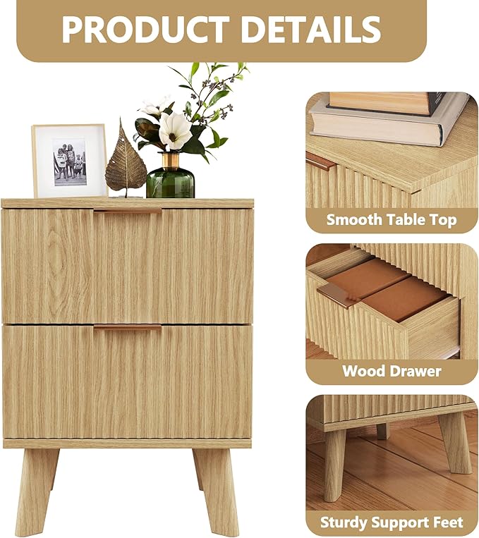 Fluted Nightstands Set of 2, Mid Century Modern 2 Drawer Dresser for Bedroom, Small Night Stand Side Table End Table with Wood Drawer Storage for Bedroom Closet, Natural-Ruum Studio Home